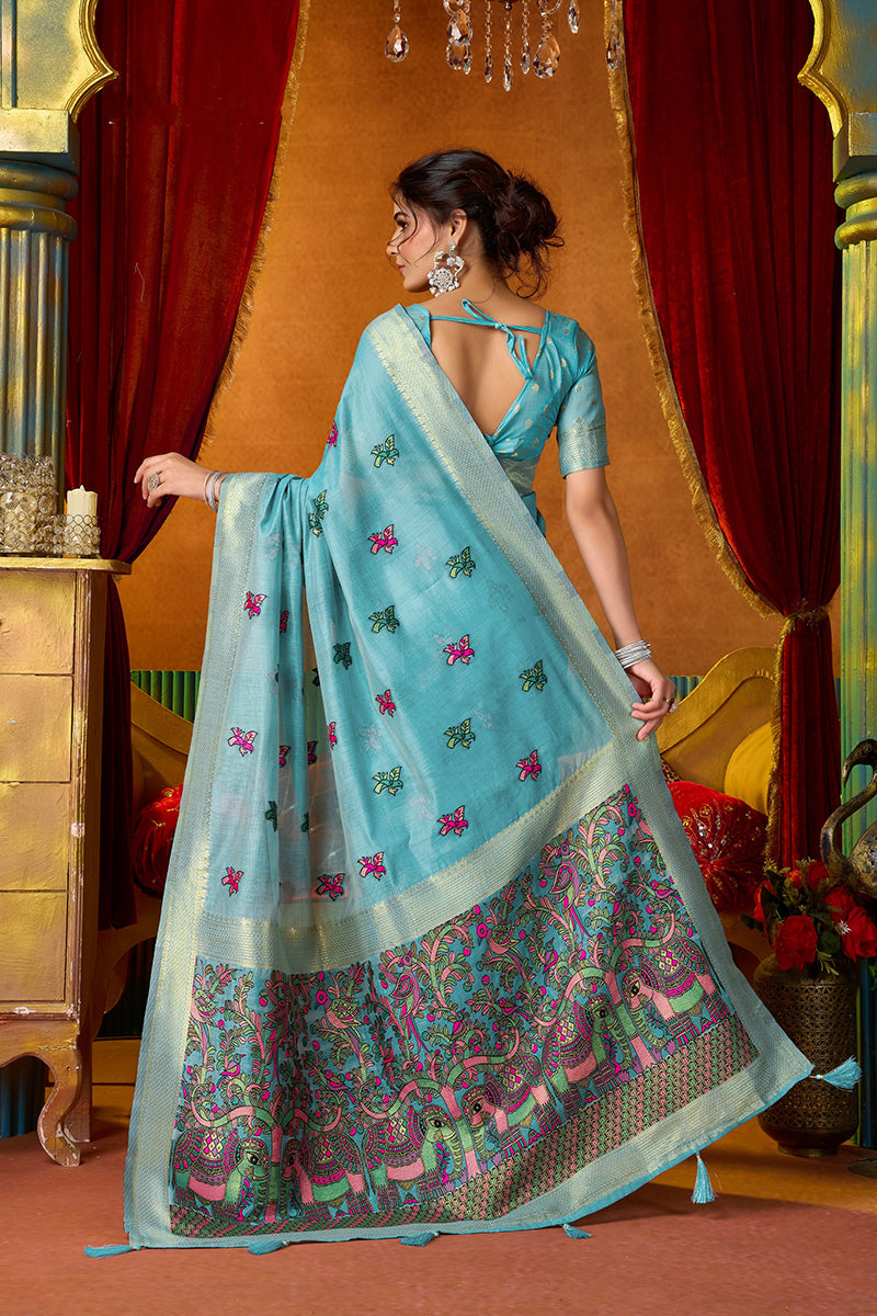 Monjolika Fashion Sky Blue Cotton Blend Saree With Traditional Ethnic Motifs And Includes Blouse Piece