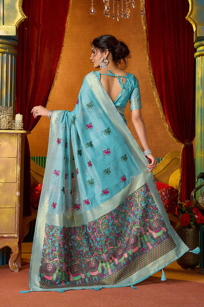 Monjolika Fashion Sky Blue Cotton Blend Saree With Traditional Ethnic Motifs And Includes Blouse Piece