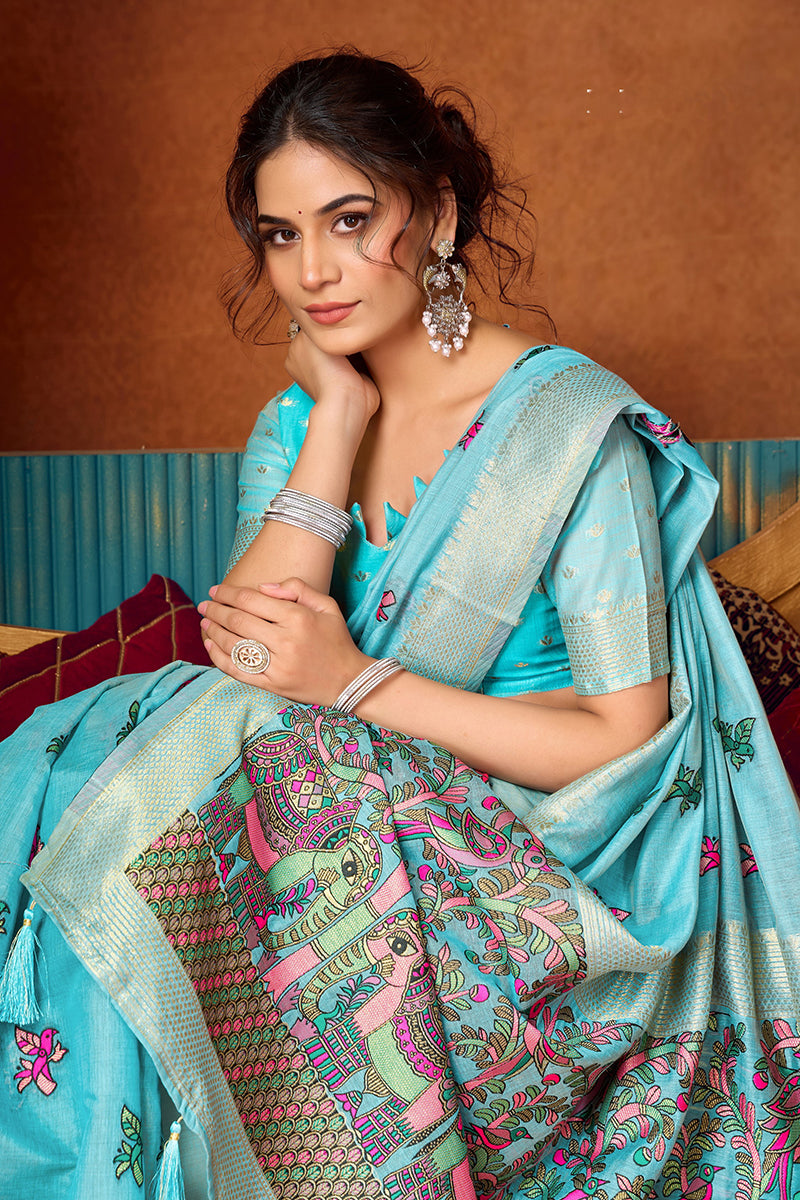Monjolika Fashion Sky Blue Cotton Blend Saree With Traditional Ethnic Motifs And Includes Blouse Piece