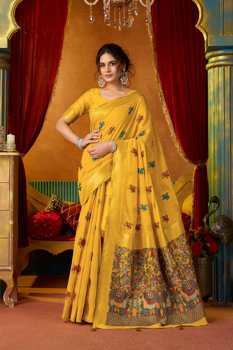 Monjolika Fashion Mustard Cotton Blend Saree With Traditional Ethnic Motifs And Includes Blouse Piece