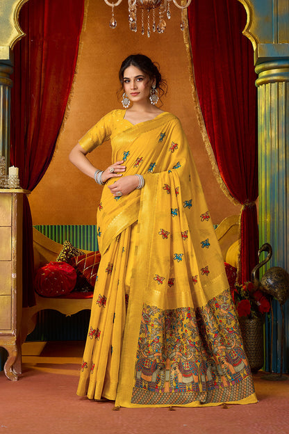 Monjolika Fashion Mustard Cotton Blend Saree With Traditional Ethnic Motifs And Includes Blouse Piece