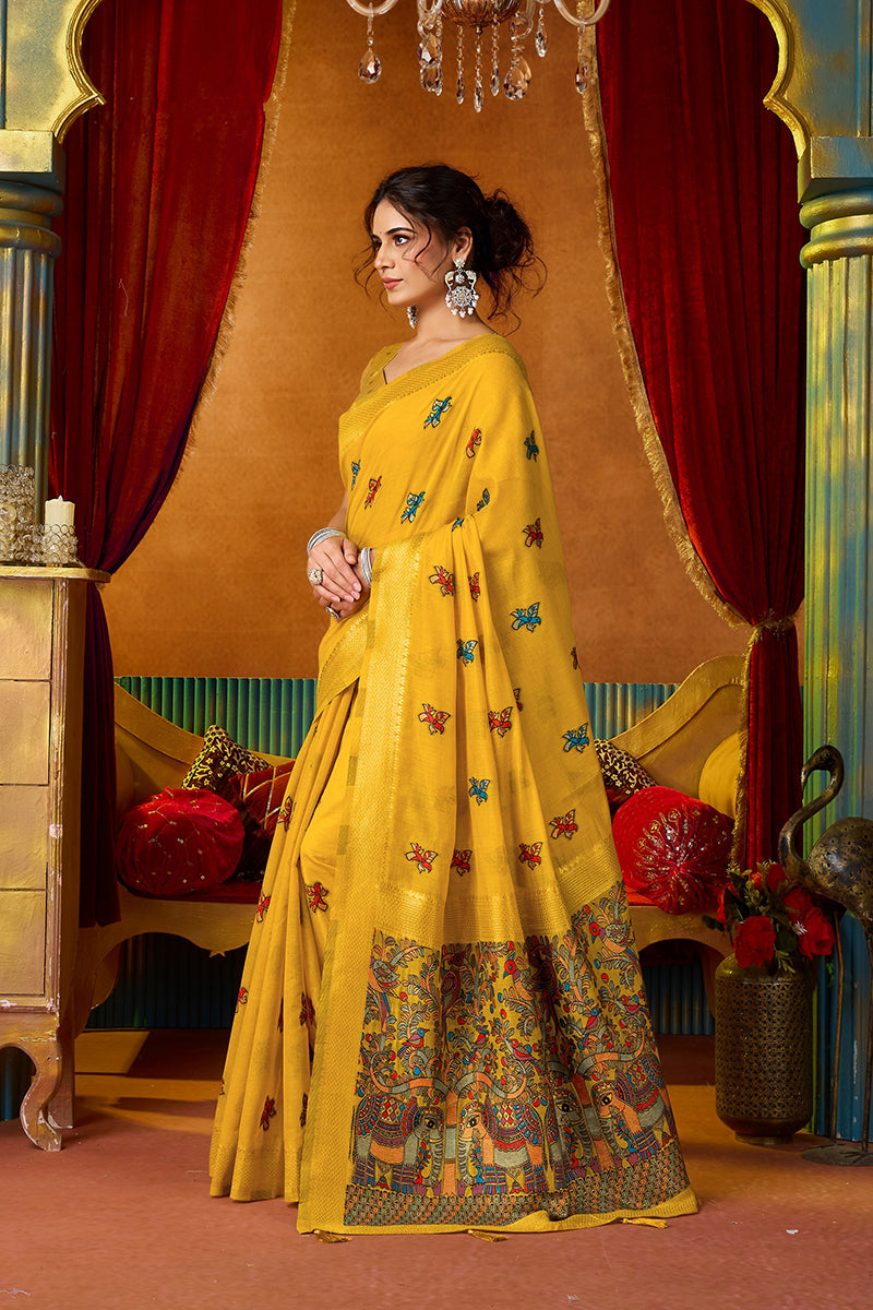 Monjolika Fashion Mustard Cotton Blend Saree With Traditional Ethnic Motifs And Includes Blouse Piece