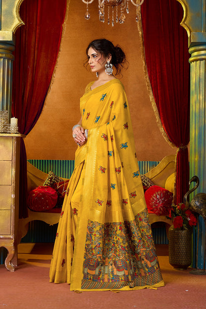 Monjolika Fashion Mustard Cotton Blend Saree With Traditional Ethnic Motifs And Includes Blouse Piece