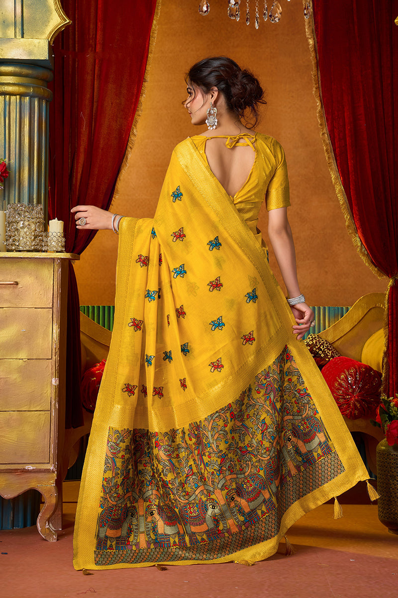 Monjolika Fashion Mustard Cotton Blend Saree With Traditional Ethnic Motifs And Includes Blouse Piece