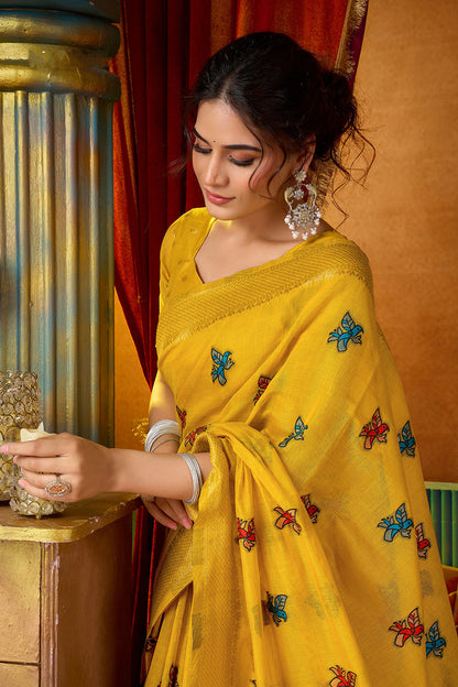 Monjolika Fashion Mustard Cotton Blend Saree With Traditional Ethnic Motifs And Includes Blouse Piece