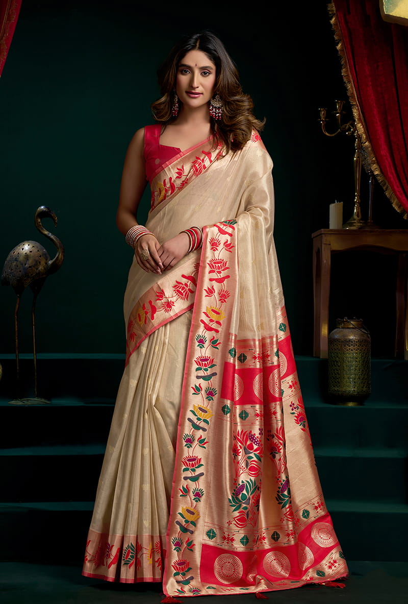 Monjolika Fashion Cream Soft Tissue Silk Blend Paithani Style Saree with Blouse Piece