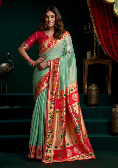 Monjolika Fashion Sea Green Soft Tissue Silk Blend Paithani Style Saree with Blouse Piece