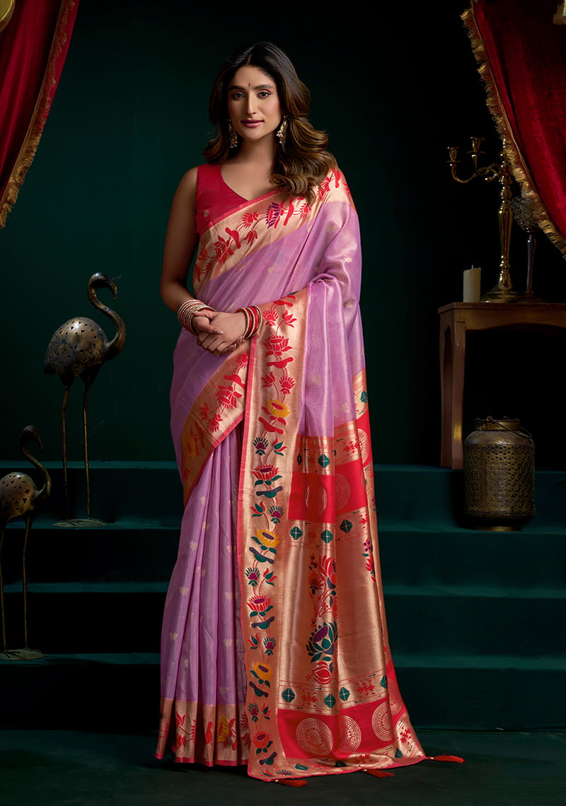 Monjolika Fashion Lilac Soft Tissue Silk Blend Paithani Style Saree with Blouse Piece