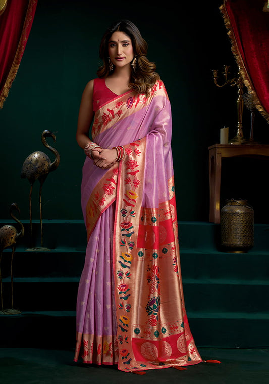 Monjolika Fashion Lilac Soft Tissue Silk Blend Paithani Style Saree with Blouse Piece