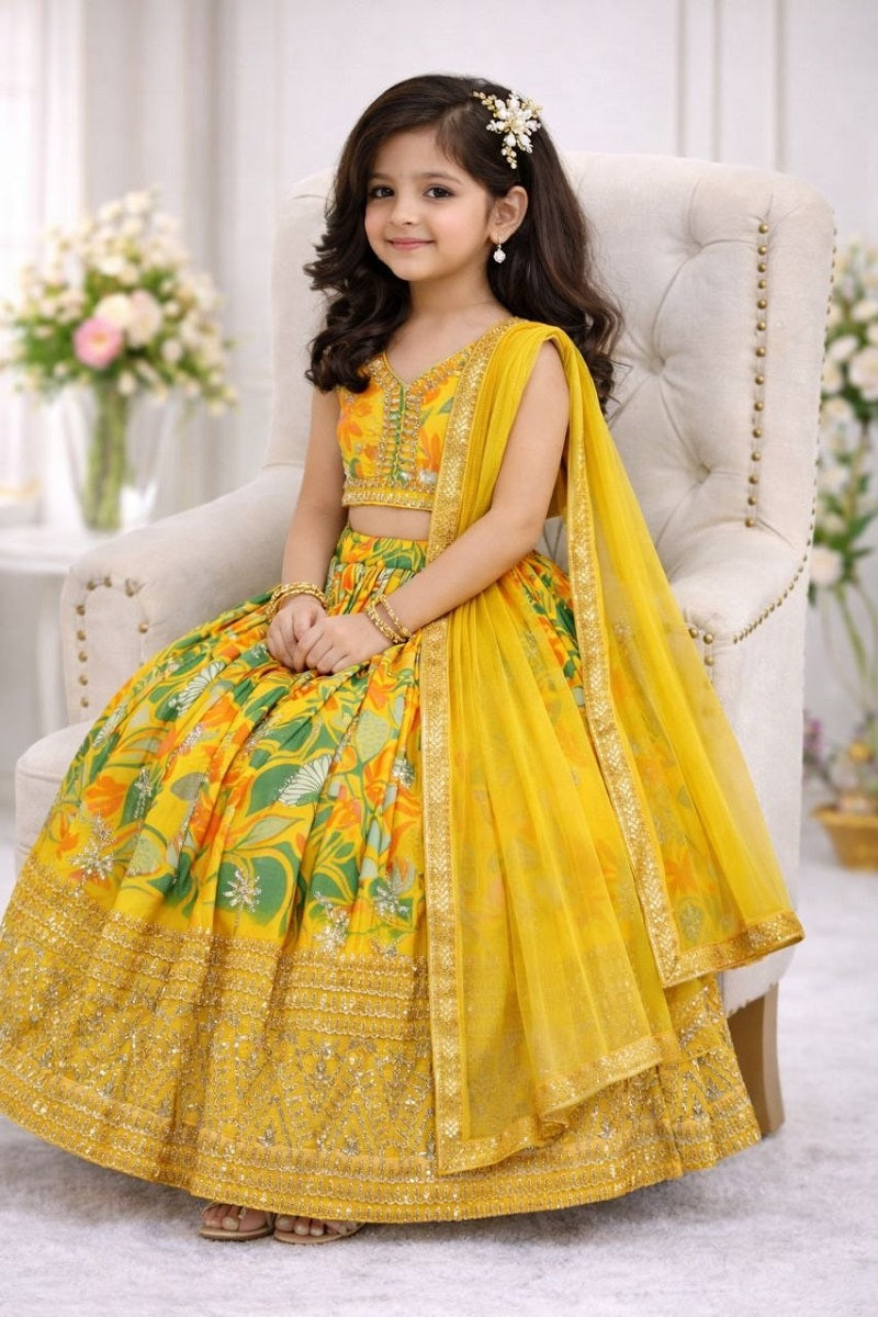 Evanik Yellow Georgette Digital Printed Wedding Kids Lehenga Choli
