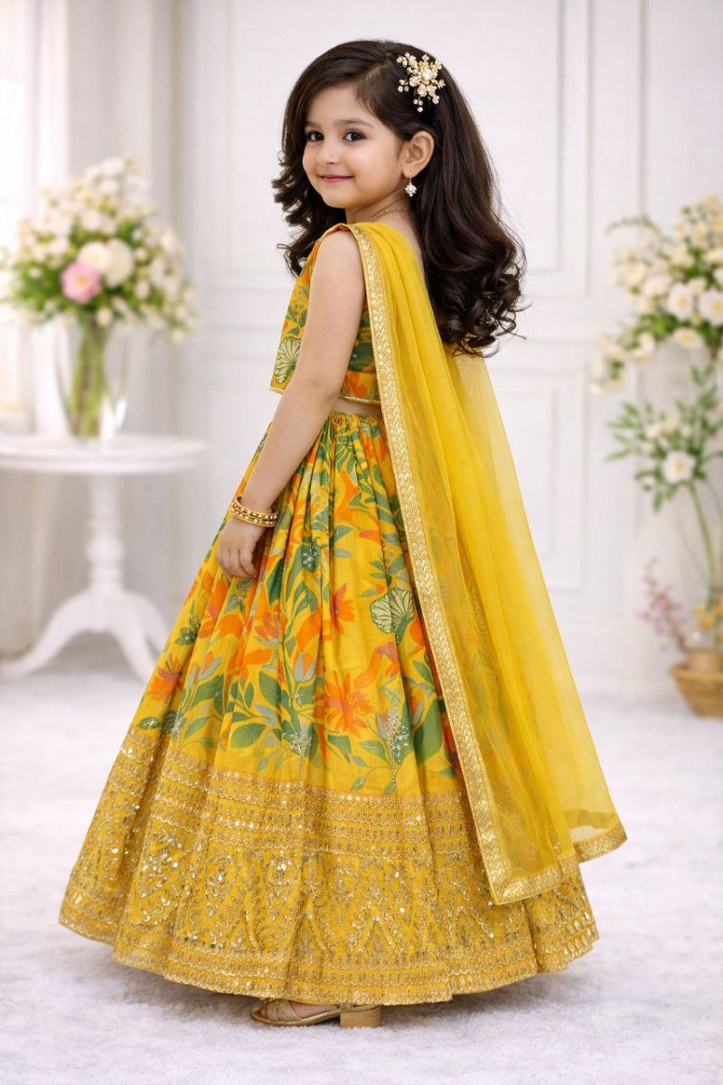 Evanik Yellow Georgette Digital Printed Wedding Kids Lehenga Choli