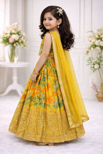 Evanik Yellow Georgette Digital Printed Wedding Kids Lehenga Choli