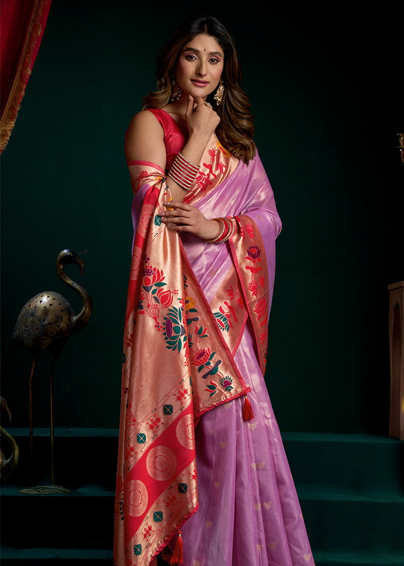 Monjolika Fashion Lilac Soft Tissue Silk Blend Paithani Style Saree with Blouse Piece