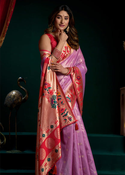 Monjolika Fashion Lilac Soft Tissue Silk Blend Paithani Style Saree with Blouse Piece