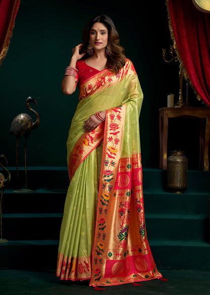 Monjolika Fashion Light Green Soft Tissue Silk Blend Paithani Style Saree with Blouse Piece