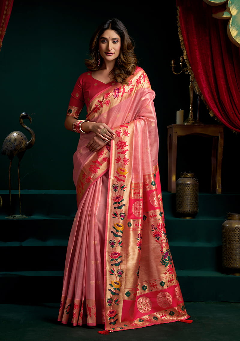 Monjolika Fashion Pink Soft Tissue Silk Blend Paithani Style Saree with Blouse Piece
