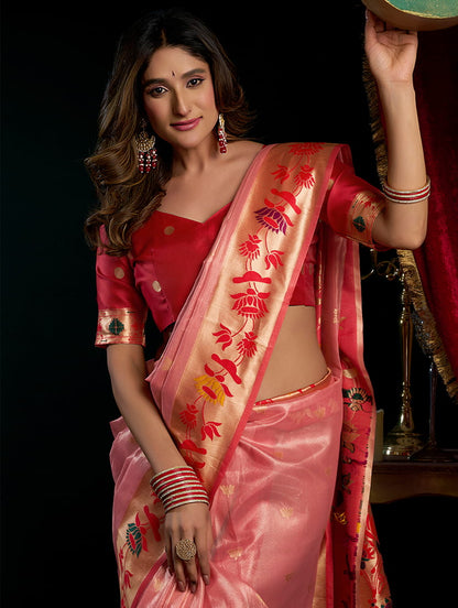 Monjolika Fashion Pink Soft Tissue Silk Blend Paithani Style Saree with Blouse Piece
