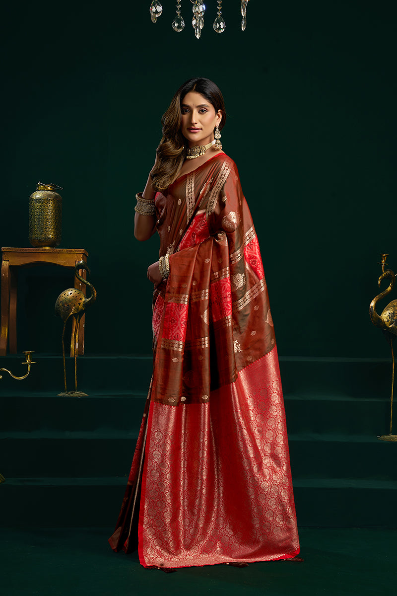 Monjolika Fashion Dark Brown Soft Banarasi Silk Blend Zari Weaving Saree With Blouse Piece