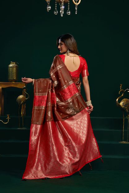 Monjolika Fashion Dark Brown Soft Banarasi Silk Blend Zari Weaving Saree With Blouse Piece