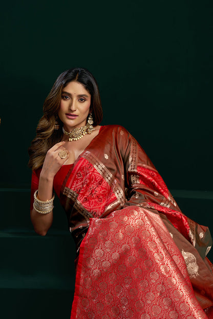 Monjolika Fashion Dark Brown Soft Banarasi Silk Blend Zari Weaving Saree With Blouse Piece
