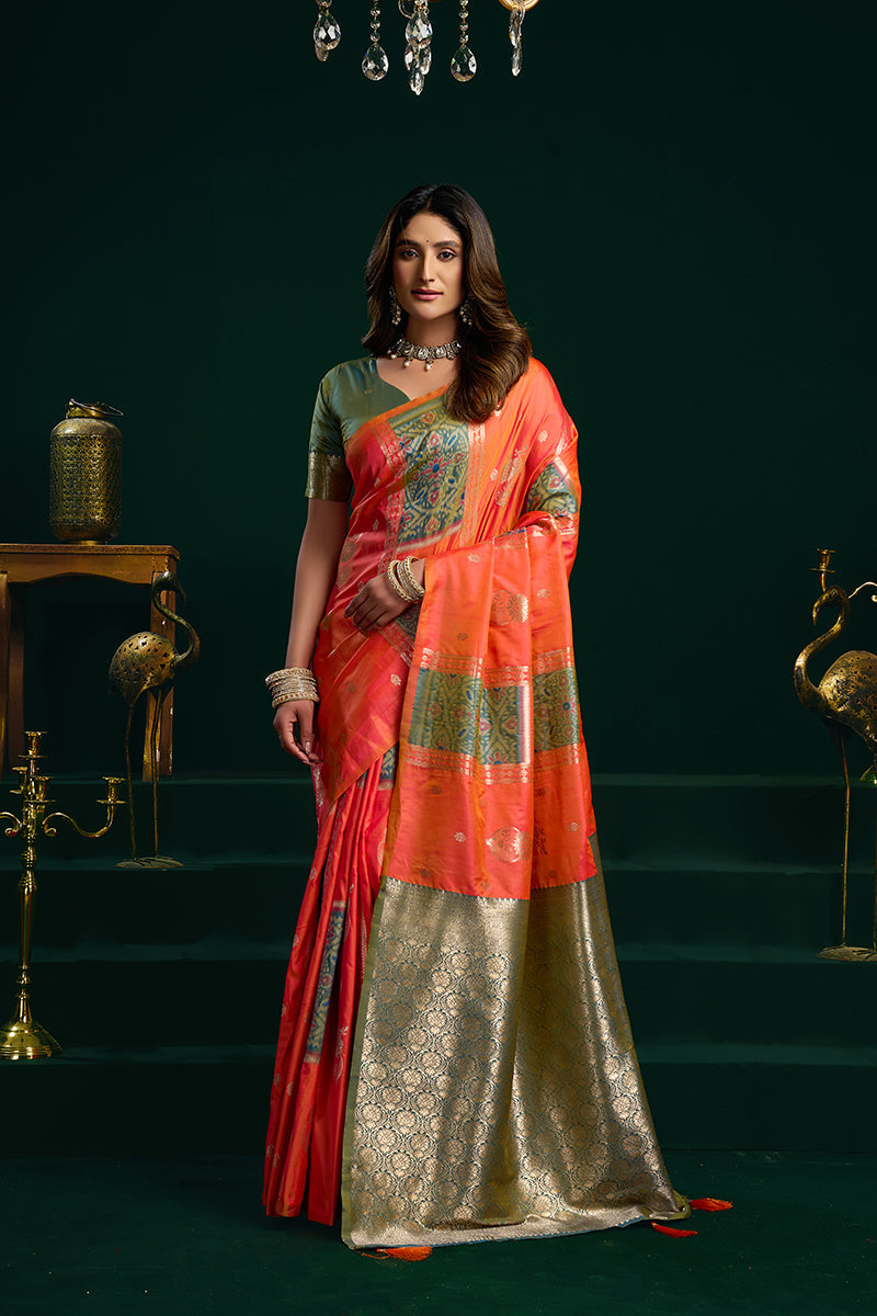 Monjolika Fashion Orange Soft Banarasi Silk Blend Zari Weaving Saree With Blouse Piece