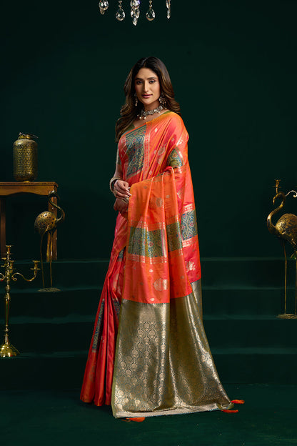 Monjolika Fashion Orange Soft Banarasi Silk Blend Zari Weaving Saree With Blouse Piece