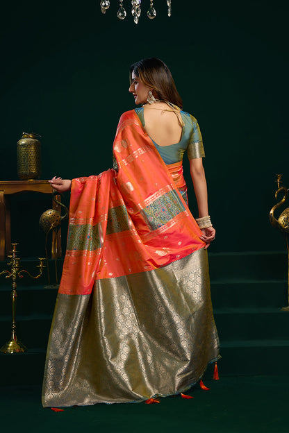 Monjolika Fashion Orange Soft Banarasi Silk Blend Zari Weaving Saree With Blouse Piece