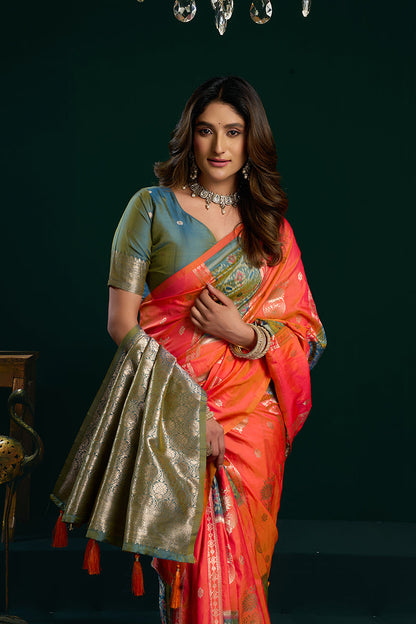 Monjolika Fashion Orange Soft Banarasi Silk Blend Zari Weaving Saree With Blouse Piece