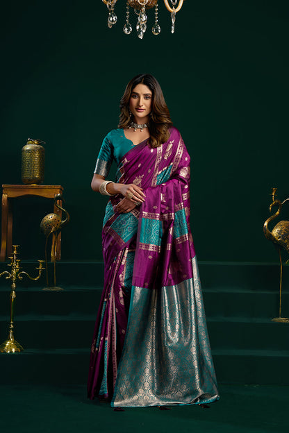 Monjolika Fashion Purple Soft Banarasi Silk Blend Zari Weaving Saree With Blouse Piece