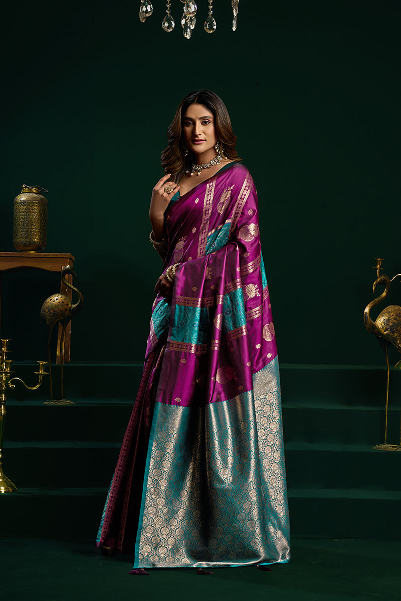 Monjolika Fashion Purple Soft Banarasi Silk Blend Zari Weaving Saree With Blouse Piece