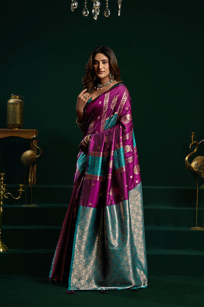 Monjolika Fashion Purple Soft Banarasi Silk Blend Zari Weaving Saree With Blouse Piece