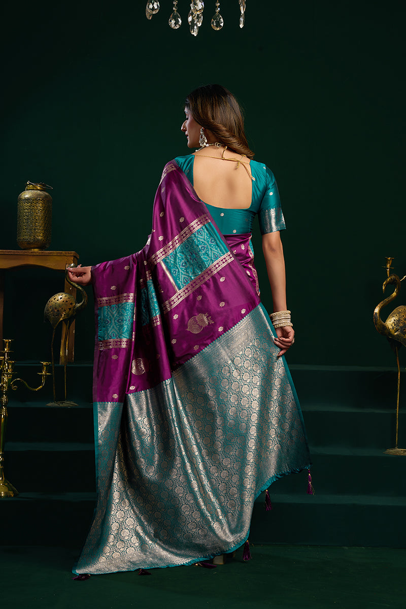Monjolika Fashion Purple Soft Banarasi Silk Blend Zari Weaving Saree With Blouse Piece