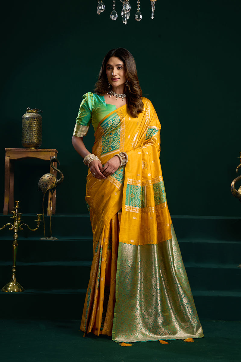 Monjolika Fashion Mustard Soft Banarasi Silk Blend Zari Weaving Saree With Blouse Piece