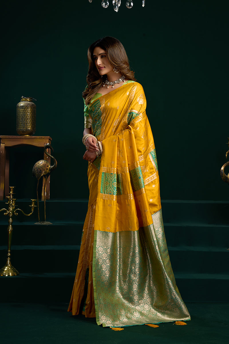 Monjolika Fashion Mustard Soft Banarasi Silk Blend Zari Weaving Saree With Blouse Piece
