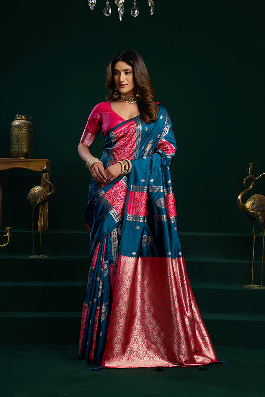 Monjolika Fashion Teal Blue Soft Banarasi Silk Blend Zari Weaving Saree With Blouse Piece