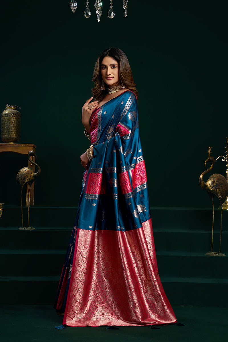 Monjolika Fashion Teal Blue Soft Banarasi Silk Blend Zari Weaving Saree With Blouse Piece