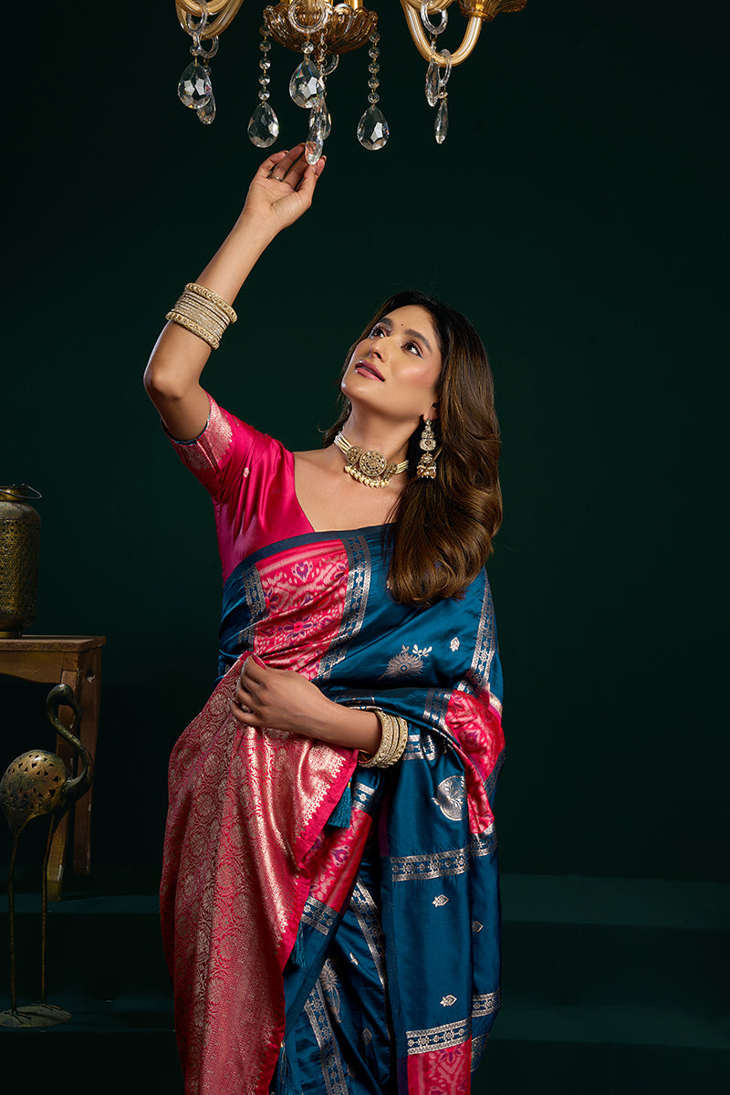 Monjolika Fashion Teal Blue Soft Banarasi Silk Blend Zari Weaving Saree With Blouse Piece