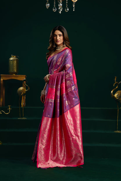 Monjolika Fashion Violet Soft Banarasi Silk Blend Zari Weaving Saree With Blouse Piece