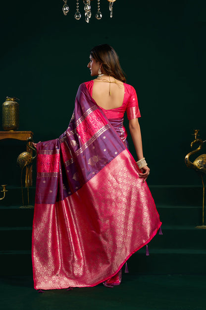 Monjolika Fashion Violet Soft Banarasi Silk Blend Zari Weaving Saree With Blouse Piece