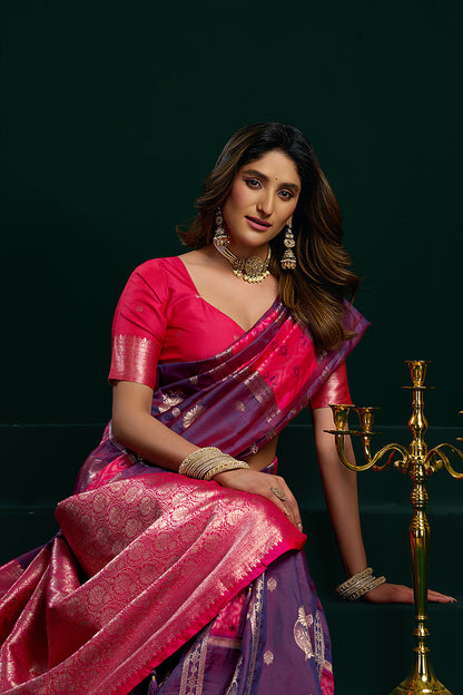 Monjolika Fashion Violet Soft Banarasi Silk Blend Zari Weaving Saree With Blouse Piece