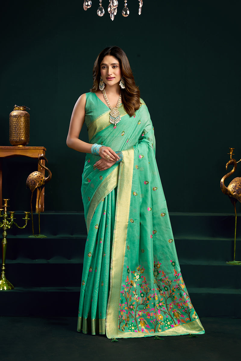 Monjolika Fashion Sea Green Cotton Blend Saree with Floral Meenakari Pallu and Gold Zari Border
