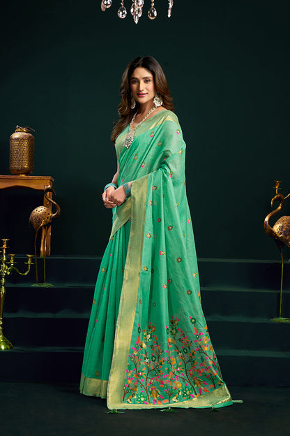 Monjolika Fashion Sea Green Cotton Blend Saree with Floral Meenakari Pallu and Gold Zari Border