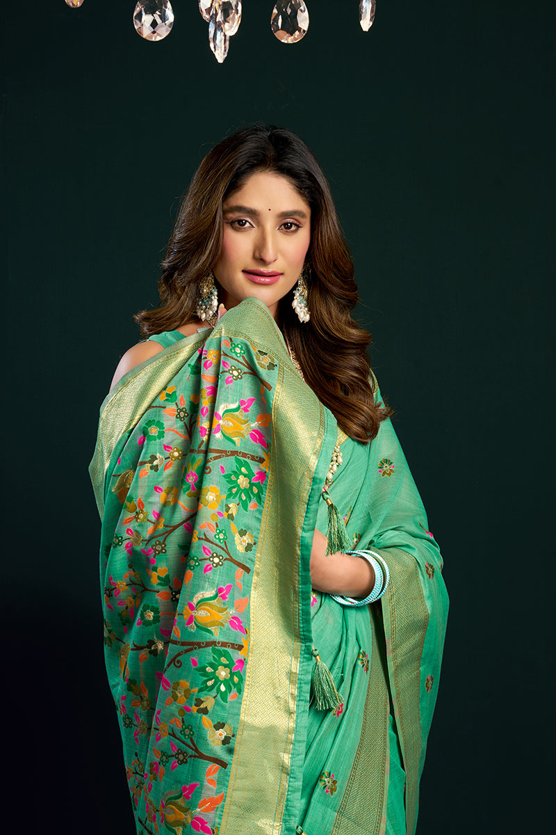 Monjolika Fashion Sea Green Cotton Blend Saree with Floral Meenakari Pallu and Gold Zari Border
