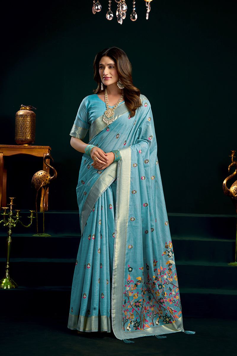 Monjolika Fashion Sky Blue Cotton Blend Saree with Floral Meenakari Pallu and Gold Zari Border