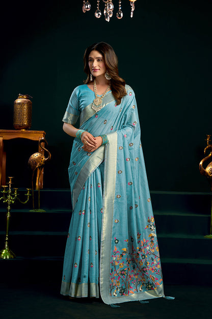 Monjolika Fashion Sky Blue Cotton Blend Saree with Floral Meenakari Pallu and Gold Zari Border
