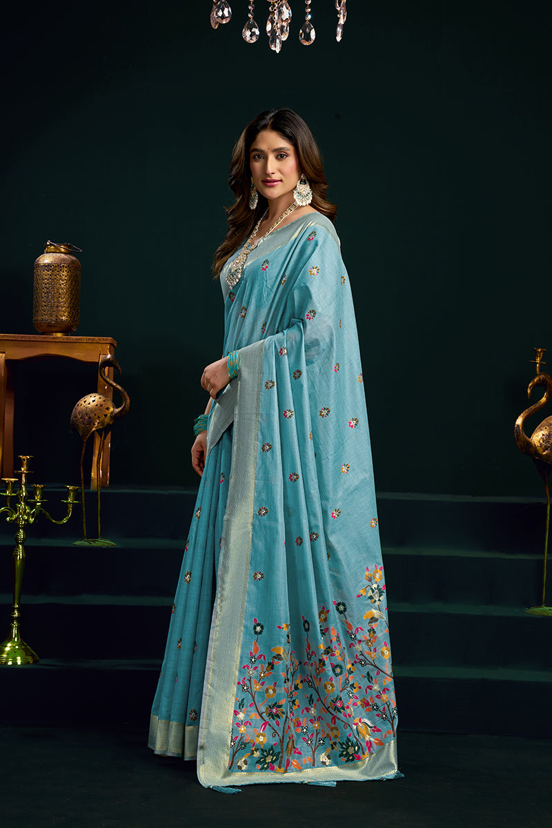 Monjolika Fashion Sky Blue Cotton Blend Saree with Floral Meenakari Pallu and Gold Zari Border