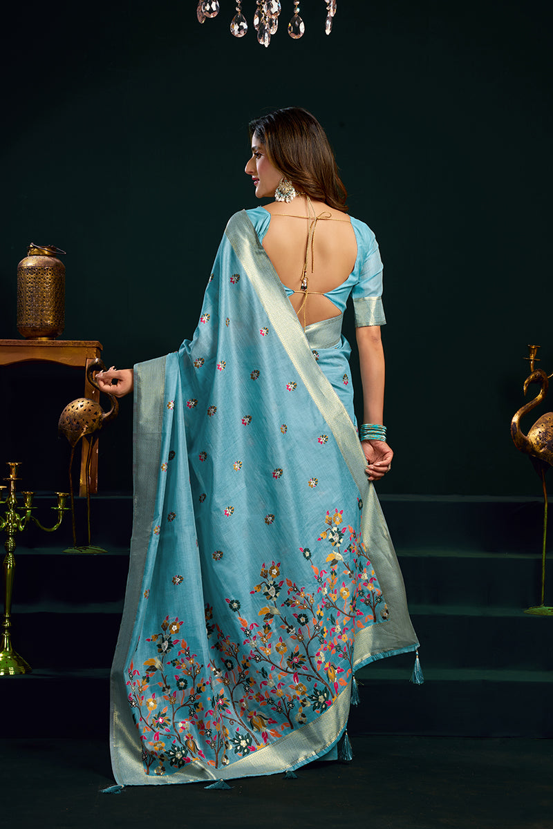 Monjolika Fashion Sky Blue Cotton Blend Saree with Floral Meenakari Pallu and Gold Zari Border