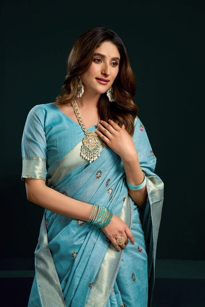 Monjolika Fashion Sky Blue Cotton Blend Saree with Floral Meenakari Pallu and Gold Zari Border