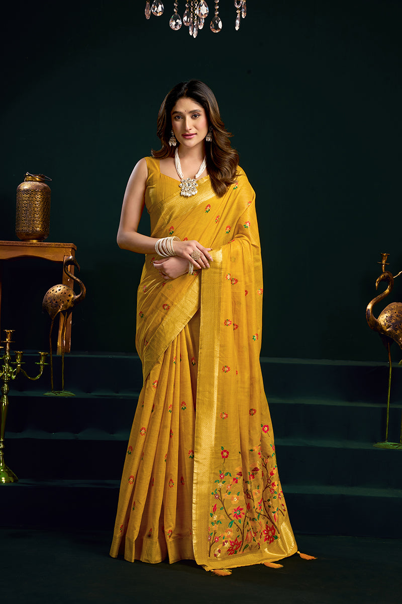 Monjolika Fashion Mustard Cotton Blend Saree with Floral Meenakari Pallu and Gold Zari Border