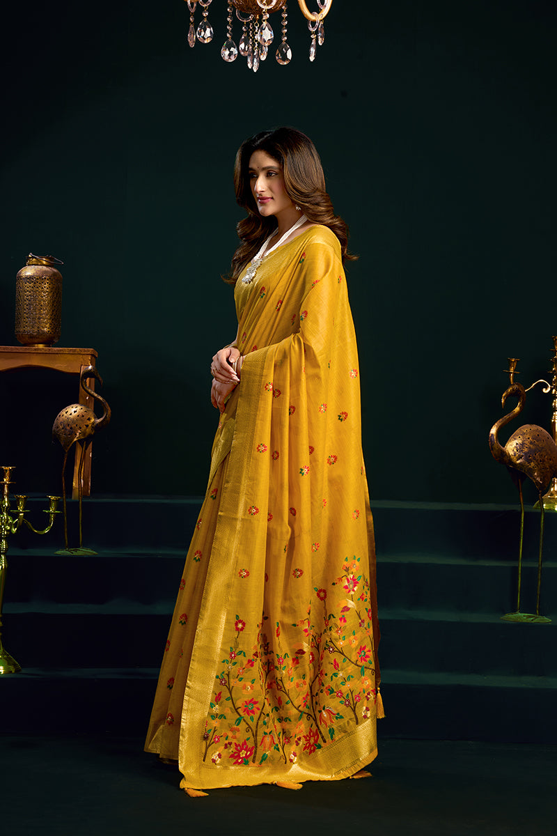 Monjolika Fashion Mustard Cotton Blend Saree with Floral Meenakari Pallu and Gold Zari Border